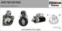 FLAMAR ARF501201BS - año construcción desde: 10/1996<br>nº de motor desde: 0413489<br>nº de motor hasta: 0413488<br>para número de OPR desde: 0043667<br>para número de OPR hasta: 0043665<br>Tipo de vehículo: <185AXF/BXF/CXF><br>apropiado para vehículos con potencia de arrancador [kW]: 2,0<br>Tensión [V]: 12<br>Número de dientes: 11<br>Número de dientes: 9<br>Potencia nominal [kW]: 1,80<br>Restricción de fabricante: MARELLI<br>ID del modelo de conector: CPS0066<br>Pinza: M8<br>Sentido de giro: Sentido de giro a la derecha (horario)<br>peso [g]: 3400<br>Diámetro de brida [mm]: 81<br>Versión: RC<br>Cantidad de agujeros de fijación: 3<br>Fabricante: FIAT<br>