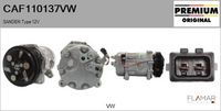 FLAMAR CAF110137VW - Tensión [V]: 12<br>Restricción de fabricante: SANDEN<br>Número de nervaduras: 6<br>poleas - Ø [mm]: 128<br>Vehículo con dirección a la izquierda / derecha: para dirección izquierda/derecha<br>Poleas: polea correa poli V<br>peso [g]: 6800<br>Cant. taladros roscados: 2<br>ID compresor: SD7V16<br>Versión: HQ<br>Cantidad de agujeros de fijación: 4<br>Agente frigorífico: R 134 a<br>Fabricante: VW<br>