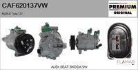 FLAMAR CAF620137VW - Tensión [V]: 12<br>Restricción de fabricante: SANDEN<br>Número de nervaduras: 6<br>poleas - Ø [mm]: 110<br>Vehículo con dirección a la izquierda / derecha: para dirección izquierda/derecha<br>Poleas: polea correa poli V<br>peso [g]: 4500<br>ID compresor: PXE14<br>Cantidad de agujeros de fijación: 3<br>Agente frigorífico: R 134 a<br>Fabricante: AUDI<br>Fabricante: SEAT<br>Fabricante: SKODA<br>