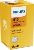 PHILIPS 12580C1 - Tipo de luces: Halógena<br>Función de las luces: con luz diurna<br>Tipo de lámpara: H15<br>Tensión [V]: 12<br>Potencia nominal [W]: 55/15<br>Modelo de zócalo, bombilla incandescente: PGJ23t-1<br>