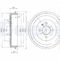 DELPHI BF156 - Lado de montaje: Eje trasero<br>Dinámica de frenado / conducción: para vehículos sin ABS<br>H tamb. freno interna [mm]: 46,5<br>Número de orificios: 4<br>Diámetro exterior del tambor de freno [mm]: 228<br>H tamb. freno total [mm]: 58,5<br>Rebajado máx. tambor de freno [mm]: 229,5<br>Diámetro de montaje [mm]: 62<br>