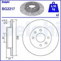 DELPHI BG2217 - año construcción desde: 04/1999<br>Lado de montaje: Eje delantero<br>Altura [mm]: 41<br>Tipo de disco de frenos: ventilación interna<br>Espesor de disco de frenos [mm]: 20,7<br>Espesor mínimo [mm]: 17,7<br>Número de taladros: 2<br>Diámetro exterior [mm]: 259<br>Número de orificios: 4<br>Diámetro de centrado [mm]: 61<br>corona de agujeros - Ø [mm]: 100<br>Superficie: revestido<br>