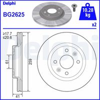 DELPHI BG2625 - Lado de montaje: Eje delantero<br>Altura [mm]: 44<br>Tipo de disco de frenos: ventilación interna<br>Espesor de disco de frenos [mm]: 22<br>Espesor mínimo [mm]: 20<br>Número de taladros: 2<br>Diámetro exterior [mm]: 258<br>Número de orificios: 4<br>Diámetro de centrado [mm]: 61<br>corona de agujeros - Ø [mm]: 100<br>Superficie: revestido<br>