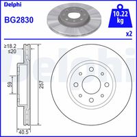 DELPHI BG2830 - Lado de montaje: Eje delantero<br>Altura [mm]: 40,5<br>Tipo de disco de frenos: ventilación interna<br>Espesor de disco de frenos [mm]: 20<br>Espesor mínimo [mm]: 18,2<br>Número de taladros: 4<br>Diámetro exterior [mm]: 257<br>Número de orificios: 4<br>Diámetro de centrado [mm]: 59<br>corona de agujeros - Ø [mm]: 98<br>Superficie: revestido<br>