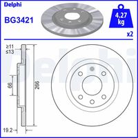 DELPHI BG3421 - Lado de montaje: Eje delantero<br>Altura [mm]: 27,1<br>Tipo de disco de frenos: macizo<br>Espesor de disco de frenos [mm]: 13<br>Espesor mínimo [mm]: 11<br>Número de taladros: 2<br>Diámetro exterior [mm]: 266<br>Número de orificios: 4<br>Diámetro de centrado [mm]: 66,1<br>corona de agujeros - Ø [mm]: 108<br>Superficie: revestido<br>