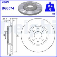 DELPHI BG3574 - Lado de montaje: Eje delantero<br>Diámetro exterior [mm]: 257,2<br>Espesor de disco de frenos [mm]: 22<br>Espesor mínimo [mm]: 20,2<br>Altura [mm]: 40,5<br>corona de agujeros - Ø [mm]: 98<br>Tipo de disco de frenos: ventilado<br>Diámetro de centrado [mm]: 59<br>Número de orificios: 4<br>Superficie: aceitado<br>cumple norma ECE: ECE-R90<br>Diámetro de taladro hasta [mm]: 13<br>