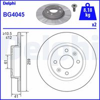 DELPHI BG4045 - Lado de montaje: Eje delantero<br>Tipo de disco de frenos: ventilado<br>Número de orificios: 4<br>Homologación: E1 90R-02C0277/1427<br>Superficie: aceitado<br>Diámetro exterior [mm]: 259<br>Espesor de disco de frenos [mm]: 20,6<br>Espesor mínimo [mm]: 17,7<br>Diámetro de centrado [mm]: 61<br>Altura [mm]: 41<br>