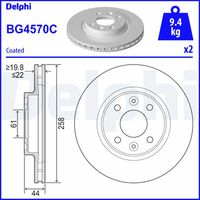 DELPHI BG2625 - Lado de montaje: Eje delantero<br>Altura [mm]: 44<br>Tipo de disco de frenos: ventilación interna<br>Espesor de disco de frenos [mm]: 22<br>Espesor mínimo [mm]: 20<br>Número de taladros: 2<br>Diámetro exterior [mm]: 258<br>Número de orificios: 4<br>Diámetro de centrado [mm]: 61<br>corona de agujeros - Ø [mm]: 100<br>Superficie: revestido<br>