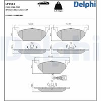 DELPHI LP1514 - Lado de montaje: Eje delantero<br>Contacto avisador de desgaste: excl. contacto de avisador de desgaste<br>Código FMSI: D768-7860<br>Homologación: E1 90R-01881/682<br>Número de WVA: 23130 23131<br>Sistema de frenos: Continental<br>Artículo complementario / información complementaria 2: Chapa antichirridos<br>Artículo complementario/Información complementaria: sin accesorios<br>Material del forro de fricción: Low-Metallic<br>Contacto avisador de desgaste: no preparado para indicador de desgaste<br>Ancho 1 [mm]: 146,4<br>Ancho 2 [mm]: 146<br>Altura 1 [mm]: 54,7<br>Altura 2 [mm]: 54,7<br>Espesor/grosor 1 [mm]: 19,2<br>Espesor/grosor 2 [mm]: 19,2<br>