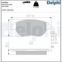 DELPHI LP1653 - Lado de montaje: Eje delantero<br>para diámetro disco de freno [mm]: 257<br>Espesor [mm]: 17,5<br>Longitud [mm]: 122,8<br>Ancho [mm]: 53,2<br>Contacto avisador de desgaste: con avisador acústico de desgaste<br>Pastilla de freno: con borde biselado<br>Sistema de frenos: Bosch<br>Número de WVA: 23288<br>Número de WVA: 23982<br>