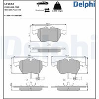 DELPHI LP1672 - Lado de montaje: Eje delantero<br>para diámetro disco de freno [mm]: 280<br>Número de PR: 1LZ<br>Espesor [mm]: 19,3<br>Longitud [mm]: 118,8<br>Ancho [mm]: 69,5<br>Contacto avisador de desgaste: con contacto de aviso de desgaste incorporado<br>Pastilla de freno: con borde biselado<br>Sistema de frenos: TRW<br>Número de WVA: 21945<br>Número de WVA: 23393<br>