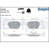 DELPHI LP1869 - Lado de montaje: Eje delantero<br>Vehículo especial: no para taxis<br>Carga útil: para carga útil aumentada<br>Distancia entre ejes: para distancia entre ejesprolongada<br>Frenos: para vehículos con frenos alto rendimiento<br>Espesor [mm]: 18<br>Longitud [mm]: 180,1<br>Ancho [mm]: 65,5<br>Contacto avisador de desgaste: excl. contacto de avisador de desgaste<br>Sistema de frenos: ATE<br>Número de WVA: 25555<br>Número de WVA: 25736<br>Número de WVA: 25737<br>