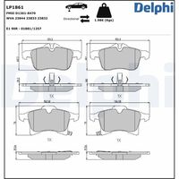 DELPHI LP1861 - Lado de montaje: Eje trasero<br>Código FMSI: D1362-8471<br>Homologación: E1 90R-01878/1003<br>Sistema de frenos: TRW<br>Artículo complementario / información complementaria 2: con lámina adhesiva<br>Artículo complementario/Información complementaria: sin accesorios<br>Material del forro de fricción: Low-Metallic<br>Contacto avisador de desgaste: con avisador acústico de desgaste<br>Ancho 1 [mm]: 95,4<br>Ancho 2 [mm]: 95,3<br>Altura 1 [mm]: 42,8<br>Altura 2 [mm]: 42,8<br>Espesor/grosor 1 [mm]: 15,2<br>Espesor/grosor 2 [mm]: 15,2<br>Número de WVA: 23417<br>Número de WVA: 23654<br>Número de WVA: 23655<br>