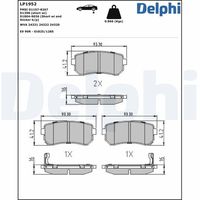 DELPHI LP1952 - Lado de montaje: Eje delantero<br>Longitud [mm]: 130<br>Ancho [mm]: 56,5<br>Contacto avisador de desgaste: con avisador acústico de desgaste<br>Pastilla de freno: con borde biselado<br>Sistema de frenos: Mando<br>Espesor/grosor 1 [mm]: 17,8<br>Espesor/grosor 2 [mm]: 18,3<br>Número de WVA: 25187<br>Número de WVA: 25188<br>Número de WVA: 25189<br>