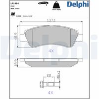 DELPHI LP1994 - Lado de montaje: Eje delantero<br>Peso total autorizado [kg]: 3500<br>Homologación: E9 90R-01841/1155<br>Sistema de frenos: Brembo<br>Artículo complementario / información complementaria 2: Chapa antichirridos<br>Artículo complementario/Información complementaria: con accesorios<br>Material del forro de fricción: Low-Metallic<br>Contacto avisador de desgaste: con contacto avisador de desgaste<br>Ancho 1 [mm]: 164,9<br>Ancho 2 [mm]: 164,5<br>Altura 1 [mm]: 68,7<br>Altura 2 [mm]: 68,7<br>Espesor/grosor 1 [mm]: 19,1<br>Espesor/grosor 2 [mm]: 19,1<br>Número de WVA: 23919<br>Número de WVA: 23920<br>