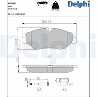 DELPHI LP2039 - Lado de montaje: Eje trasero<br>Homologación: E9 90R-02A0841/3383<br>Número de WVA: 29123<br>Sistema de frenos: Brembo<br>Artículo complementario / información complementaria 2: Chapa antichirridos<br>Artículo complementario/Información complementaria: sin accesorios<br>Material del forro de fricción: Low-Metallic<br>Contacto avisador de desgaste: no preparado para indicador de desgaste<br>Ancho 1 [mm]: 109,8<br>Ancho 2 [mm]: 109,5<br>Altura 1 [mm]: 63,8<br>Altura 2 [mm]: 63,8<br>Espesor/grosor 1 [mm]: 20<br>Espesor/grosor 2 [mm]: 20<br>