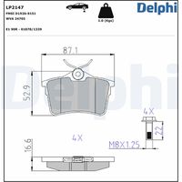 DELPHI LP2147 - Lado de montaje: Eje delantero<br>Código FMSI: D1717-8942<br>Homologación: E9 90R-01823/1676<br>Número de WVA: 24538 24539<br>Sistema de frenos: Continental<br>Artículo complementario / información complementaria 2: Chapa antichirridos<br>Artículo complementario/Información complementaria: sin accesorios<br>Material del forro de fricción: Low-Metallic<br>Contacto avisador de desgaste: no preparado para indicador de desgaste<br>Ancho 1 [mm]: 155,5<br>Ancho 2 [mm]: 155,2<br>Altura 1 [mm]: 57,7<br>Altura 2 [mm]: 64,7<br>Espesor/grosor 1 [mm]: 18,3<br>Espesor/grosor 2 [mm]: 18,3<br>