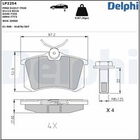 DELPHI LP2254 - Lado de montaje: Eje delantero<br>año construcción desde: 05/1999<br>para diámetro disco de freno [mm]: 288<br>Número de PR: 1LB<br>Número de PR: 1ZC<br>Número de PR: 1LE<br>N.º de chasis (VIN) desde: 3BY000001<br>N.º de chasis (VIN) desde: 3BX491581<br>Código FMSI: D915-7796 D915-8220<br>Homologación: E9 90R-01841/708<br>Número de WVA: 23762 23763<br>Sistema de frenos: Continental<br>Artículo complementario / información complementaria 2: Chapa antichirridos<br>Artículo complementario/Información complementaria: sin accesorios<br>Material del forro de fricción: Low-Metallic<br>Contacto avisador de desgaste: con contacto avisador de desgaste<br>Ancho 1 [mm]: 155,3<br>Ancho 2 [mm]: 156,3<br>Altura 1 [mm]: 72,9<br>Altura 2 [mm]: 73<br>Espesor/grosor 1 [mm]: 19,3<br>Espesor/grosor 2 [mm]: 19,3<br>