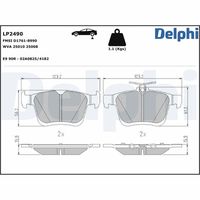 DELPHI LP2490 - Lado de montaje: Eje delantero<br>para diámetro disco de freno [mm]: 276<br>Número de PR: 1ZF<br>Espesor [mm]: 17,4<br>Longitud [mm]: 146,1<br>Ancho [mm]: 62,4<br>Número de indicadores de desgaste [por eje]: 1<br>Tipo de montaje: enchufado<br>Contacto avisador de desgaste: con contacto avisador de desgaste<br>Pastilla de freno: con borde biselado<br>Sistema de frenos: ATE<br>Número de WVA: 22035<br>Número de WVA: 22036<br>Número de WVA: 22037<br>