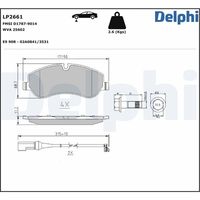 DELPHI LP2661 - Lado de montaje: Eje trasero<br>para diámetro disco de freno [mm]: 288<br>Espesor [mm]: 17,6<br>Homologación: R90 Homologated<br>Ancho [mm]: 136,8<br>Altura [mm]: 60<br>Peso [kg]: 1,4<br>Altura 1 [mm]: 58<br>Contacto avisador de desgaste: con contacto avisador de desgaste<br>Sistema de frenos: Bosch<br>Tipo de envase: caja<br>Número de WVA: 25603<br>Número de WVA: 25604<br>long. de embalaje [cm]: 15,5<br>Ancho de embalaje [cm]: 8,7<br>h embalaje [cm]: 8,7<br>