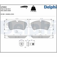 DELPHI LP2662 - Lado de montaje: Eje delantero<br>Código FMSI: D1787-9014<br>Homologación: E9 90R-02A0841/3531<br>Número de WVA: 25602<br>Sistema de frenos: Brembo<br>Artículo complementario / información complementaria 2: Chapa antichirridos<br>Artículo complementario/Información complementaria: con accesorios<br>Material del forro de fricción: Low-Metallic<br>Contacto avisador de desgaste: con contacto avisador de desgaste<br>Ancho 1 [mm]: 171,9<br>Ancho 2 [mm]: 171,9<br>Altura 1 [mm]: 68,7<br>Altura 2 [mm]: 68,7<br>Espesor/grosor 1 [mm]: 17,2<br>Espesor/grosor 2 [mm]: 17,2<br>