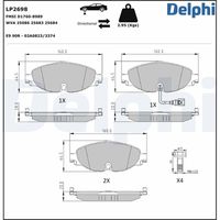 DELPHI LP2698 - Lado de montaje: Eje trasero<br>para diámetro disco de freno [mm]: 300<br>Número de PR: 2ED<br>Código FMSI: D1761-8996<br>Homologación: E9 90R-02A0825/3924<br>Sistema de frenos: Continental<br>Artículo complementario / información complementaria 2: Chapa antichirridos<br>Artículo complementario/Información complementaria: sin accesorios<br>Material del forro de fricción: Low-Metallic<br>Contacto avisador de desgaste: no preparado para indicador de desgaste<br>Ancho 1 [mm]: 123,3<br>Ancho 2 [mm]: 123,3<br>Altura 1 [mm]: 56,2<br>Altura 2 [mm]: 61,2<br>Espesor/grosor 1 [mm]: 15,9<br>Espesor/grosor 2 [mm]: 15,9<br>Número de WVA: 25009<br>Número de WVA: 25011<br>