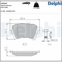 DELPHI LP1837 - Lado de montaje: Eje trasero<br>Código FMSI: D1108-8213<br>Homologación: E9 90R-01825/750<br>Número de WVA: 24483<br>Sistema de frenos: TRW<br>Artículo complementario / información complementaria 2: Chapa antichirridos<br>Artículo complementario/Información complementaria: con accesorios<br>Material del forro de fricción: Low-Metallic<br>Contacto avisador de desgaste: no preparado para indicador de desgaste<br>Ancho 1 [mm]: 105,7<br>Ancho 2 [mm]: 105,5<br>Altura 1 [mm]: 55,9<br>Altura 2 [mm]: 55,9<br>Espesor/grosor 1 [mm]: 17,5<br>Espesor/grosor 2 [mm]: 17,5<br>