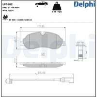 DELPHI LP2662 - Lado de montaje: Eje delantero<br>Código FMSI: D1787-9014<br>Homologación: E9 90R-02A0841/3531<br>Número de WVA: 25602<br>Sistema de frenos: Brembo<br>Artículo complementario / información complementaria 2: Chapa antichirridos<br>Artículo complementario/Información complementaria: con accesorios<br>Material del forro de fricción: Low-Metallic<br>Contacto avisador de desgaste: con contacto avisador de desgaste<br>Ancho 1 [mm]: 171,9<br>Ancho 2 [mm]: 171,9<br>Altura 1 [mm]: 68,7<br>Altura 2 [mm]: 68,7<br>Espesor/grosor 1 [mm]: 17,2<br>Espesor/grosor 2 [mm]: 17,2<br>