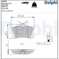 DELPHI LP565 - Lado de montaje: Eje delantero<br>año construcción hasta: 12/1989<br>Código FMSI: D684-7571<br>Número de WVA: 20669<br>Sistema de frenos: TRW<br>Artículo complementario / información complementaria 2: Chapa antichirridos<br>Artículo complementario/Información complementaria: con accesorios<br>Material del forro de fricción: Low-Metallic<br>Contacto avisador de desgaste: no preparado para indicador de desgaste<br>Ancho 1 [mm]: 119,3<br>Ancho 2 [mm]: 119<br>Altura 1 [mm]: 69,5<br>Altura 2 [mm]: 69,5<br>Espesor/grosor 1 [mm]: 15,8<br>Espesor/grosor 2 [mm]: 15,8<br>