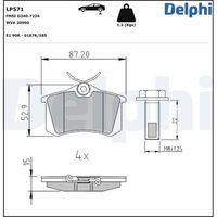 DELPHI LP571 - Lado de montaje: Eje delantero<br>año construcción hasta: 01/1998<br>Dinámica de frenado / conducción: para vehículos con ABS<br>Número de WVA: 20901 20669<br>Sistema de frenos: Lucas<br>Artículo complementario / información complementaria 2: Chapa antichirridos<br>Artículo complementario/Información complementaria: con accesorios<br>Material del forro de fricción: Low-Metallic<br>Contacto avisador de desgaste: con contacto avisador de desgaste<br>Ancho 1 [mm]: 119,3<br>Ancho 2 [mm]: 119,5<br>Altura 1 [mm]: 69,5<br>Altura 2 [mm]: 69,5<br>Espesor/grosor 1 [mm]: 15,8<br>Espesor/grosor 2 [mm]: 15,8<br>