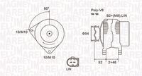 MAGNETI MARELLI MQA1970 - Código de motor: UBGA<br>Tensión [V]: 12<br>Corriente de carga alternador [A]: 120<br>Poleas: con polea de rueda libre<br>poleas - Ø [mm]: 54<br>