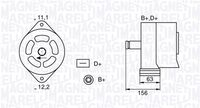 MAGNETI MARELLI MAN261 - Tensión nominal [V]: 28<br>Corriente de carga alternador [A]: 27<br>Sentido de giro: Sentido de giro a la izquierda (antihorario)<br>Longitud [mm]: 156<br>Poleas: sin polea<br>Número de canales: 1<br>poleas - Ø [mm]: 95<br>Tensión [V]: 28<br>Posición/Grado: L/R 0<br>Peso [kg]: 4,9<br>Número de nervaduras: 1<br>