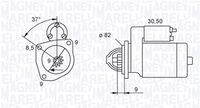 MAGNETI MARELLI MQS1045 - Potencia nominal [kW]: 2<br>Tensión [V]: 12<br>Diámetro de brida [mm]: 82<br>Número de dientes: 9<br>Sentido de giro: Sentido de giro a la derecha (horario)<br>Pinza: Pin "30" M8 B+<br>Pinza: Pin "50" M6<br>ID del modelo de conector: 0274<br>Cantidad de agujeros de fijación: 3<br>peso neto [kg]: 4,1<br>